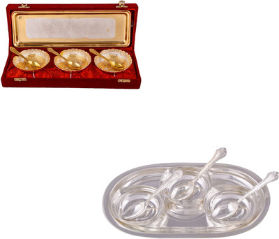 

G S Museum Silver & Gold Plated 3 Heavy Dil Bowl with Spoon and Tray and 3 Square Bowl with Spoon and Tray Bowl Spoon Tray Serving Set(Pack of 14)