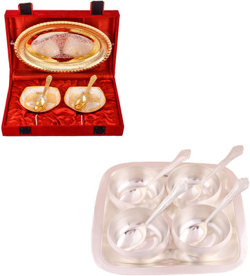 

G S Museum Silver & Gold Plated 2 Heavy Square Bowl with Spoon and Tray and 3.5" Met Finish 4 Bowl Set with Rectangle Tray Bowl Spoon Tray Serving Set