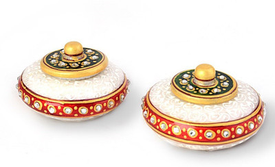 

Shree Sai Jaipuri Golden Meenakari Suhaag Sindoor Box Pair Stoneware Decorative Platter(White, Pack of 2)