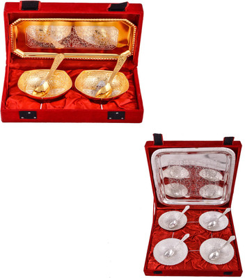 

G S Museum Silver & Gold Plated 2 Mini Square Bowl with Spoon and Tray and 4 Mor Bowl with Spoon and Tray Bowl Spoon Tray Serving Set