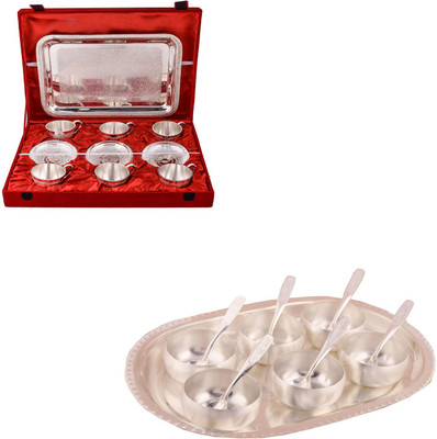 

G S Museum 6 Cup Plate Set with Tray and 3" Met Finish 6 Bowl Set with Oval Tray Bowl Spoon Tray Serving Set(Pack of 26)