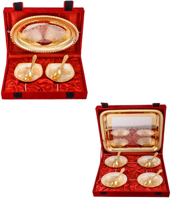 

G S Museum Silver & Gold Plated 2 Heavy Square Bowl with Spoon and Tray and Silver & Gold Plated 4 Heavy Flower Bowl with Spoon and Tray Bowl Spoon Tray Serving Set