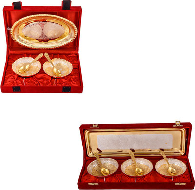 

G S Museum Silver & Gold Plated 2 Heavy Dil Bowl with Spoon and Tray and Silver & Gold Plated 3 Heavy Flower Bowl with Spoon and Tray Bowl Spoon Tray Serving Set