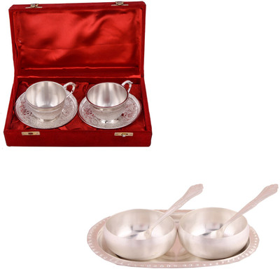 

G S Museum 2 Cup Plate Set and 3.5" Met Finish 2 Bowl Set with Oval Tray Bowl Spoon Tray Serving Set(Pack of 9)