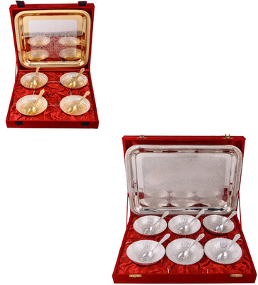 

G S Museum Silver & Gold Plated 4 Heavy Flower Bowl with Spoon and Tray and 6 Mor Bowl with Spoon and Tray Bowl Spoon Tray Serving Set(Pack of 22)