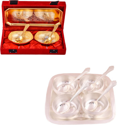 

G S Museum Silver & Gold Plated 2 Mini Square Bowl with Spoon and Tray and 3.5" Met Finish 4 Bowl Set with Rectangle Tray Bowl Spoon Tray Serving Set