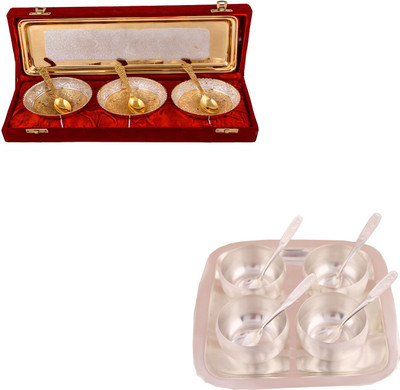 

G S Museum Silver & Gold Plated 3 Heavy Flower Bowl with Spoon and Tray and 3" Met Finish 4 Bowl Set with Rectangle Tray Bowl Spoon Tray Serving Set(Pack of 16)