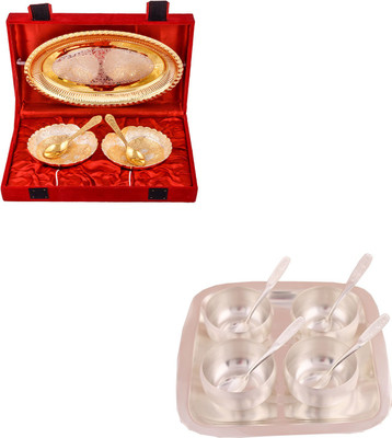 

G S Museum Silver & Gold Plated 2 Heavy Dil Bowl with Spoon and Tray and 3" Met Finish 4 Bowl Set with Rectangle Tray Bowl Spoon Tray Serving Set