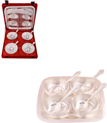 

G S Museum 4 Mor Bowl with Spoon and Tray and 3.5" Met Finish 4 Bowl Set with Rectangle Tray Bowl Spoon Tray Serving Set(Pack of 18)