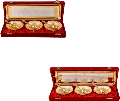 

G S Museum Silver & Gold Plated 3 Heavy Dil Bowl with Spoon and Tray and Silver & Gold Plated 3 Heavy Square Bowl with Spoon and Tray Bowl Spoon Tray Serving Set(Pack of 14)