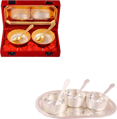 

G S Museum Silver & Gold Plated 2 Mini Flower Bowl with Spoon and Tray and 3 Premium Bowl Set with Oval Tray Bowl Spoon Tray Serving Set