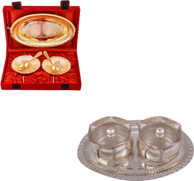 

G S Museum Silver & Gold Plated 2 Heavy Dil Bowl with Spoon and Tray and 2 Big Tai Loti Set Bowl Spoon Tray Serving Set