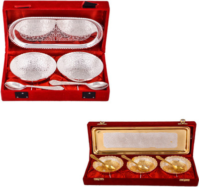 

G S Museum 2 Flower Bowl with Spoon and Tray and Silver & Gold Plated 3 Heavy Dil Bowl with Spoon and Tray Bowl Spoon Tray Serving Set