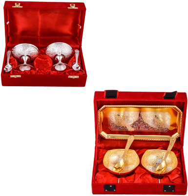 

G S Museum 2 Ice Cream Mug with Spoon and Silver & Gold Plated 2 Mini Square Bowl with Spoon and Tray Bowl Spoon Tray Serving Set