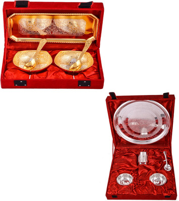 G S Museum Silver & Gold Plated 2 Mini Square Bowl with Spoon and Tray and Small Thali Set Bowl Spoon Tray Serving Set
