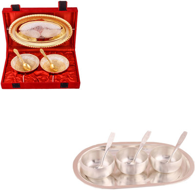 

G S Museum Silver & Gold Plated 2 Heavy Flower Bowl with Spoon and Tray and 3" Met Finish 3 Bowl Set with Oval Tray Bowl Spoon Tray Serving Set