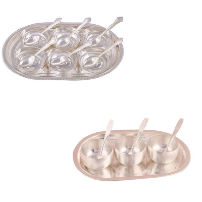 G S Museum 6 Square Bowl with Spoon and Tray and 3" Met Finish 3 Bowl Set with Oval Tray Bowl Spoon Tray Serving Set