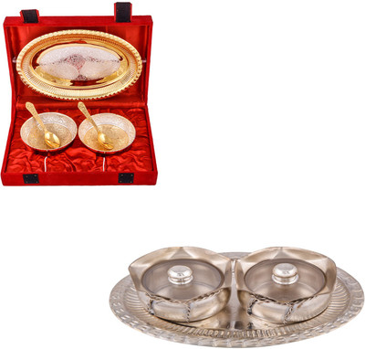 

G S Museum Silver & Gold Plated 2 Heavy Flower Bowl with Spoon and Tray and 2 Small Tai Loti Set Bowl Spoon Tray Serving Set