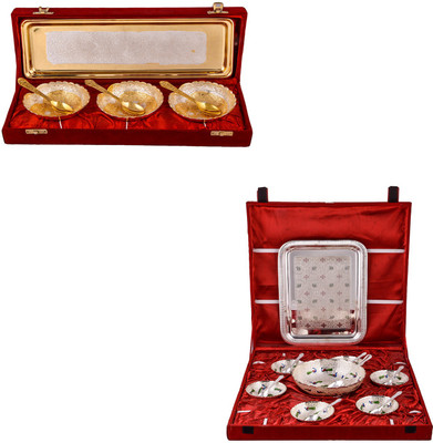 

G S Museum Silver & Gold Plated 3 Heavy Dil Bowl with Spoon and Tray and Pudding Set Bowl Spoon Tray Serving Set(Pack of 22)