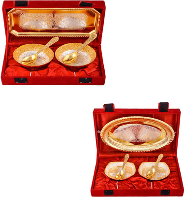 

G S Museum Silver & Gold Plated 2 Mini Flower Bowl with Spoon and Tray and Silver & Gold Plated 2 Heavy Square Bowl with Spoon and Tray Bowl Spoon Tray Serving Set