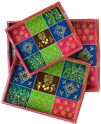 

Crafticia Craft Rajasthani Handicraft Traditional Wooden serving Tray 18 inch Wooden Decorative Platter(Multicolor, Pack of 3)