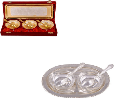 

G S Museum Silver & Gold Plated 3 Heavy Dil Bowl with Spoon and Tray and 2 Square Bowl with Spoon and Tray Bowl Spoon Tray Serving Set(Pack of 12)