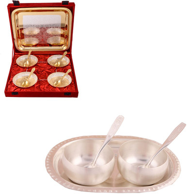 

G S Museum Silver & Gold Plated 4 Heavy Flower Bowl with Spoon and Tray and 3" Met Finish 2 Bowl Set with Oval Tray Bowl Spoon Tray Serving Set(Pack of 14)
