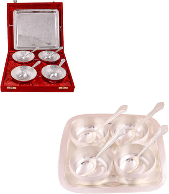 

G S Museum 4 Flower Bowl with Spoon and Tray and 3.5" Met Finish 4 Bowl Set with Rectangle Tray Bowl Spoon Tray Serving Set(Pack of 18)