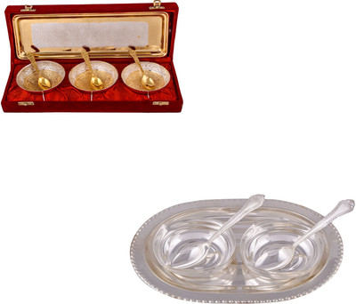 

G S Museum Silver & Gold Plated 3 Heavy Flower Bowl with Spoon and Tray and 2 Square Bowl with Spoon and Tray Bowl Spoon Tray Serving Set(Pack of 12)