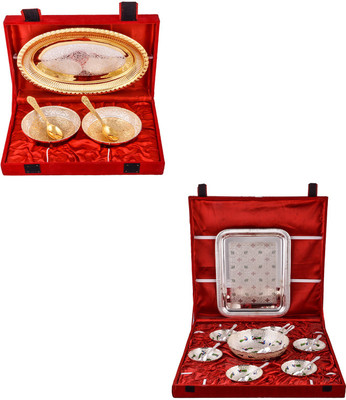 

G S Museum Silver & Gold Plated 2 Heavy Flower Bowl with Spoon and Tray and Pudding Set Bowl Spoon Tray Serving Set
