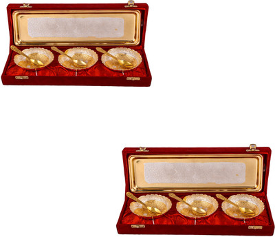 

G S Museum Silver & Gold Plated 3 Heavy Dil Bowl with Spoon and Tray 2 Sets Bowl Spoon Tray Serving Set(Pack of 14)