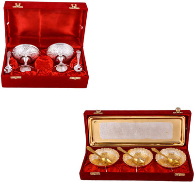 

G S Museum 2 Ice Cream Mug with Spoon and Silver & Gold Plated 3 Heavy Dil Bowl with Spoon and Tray Bowl Spoon Tray Serving Set
