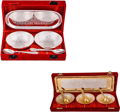 

G S Museum 2 Flower Bowl with Spoon and Tray and Silver & Gold Plated 3 Heavy Flower Bowl with Spoon and Tray Bowl Spoon Tray Serving Set