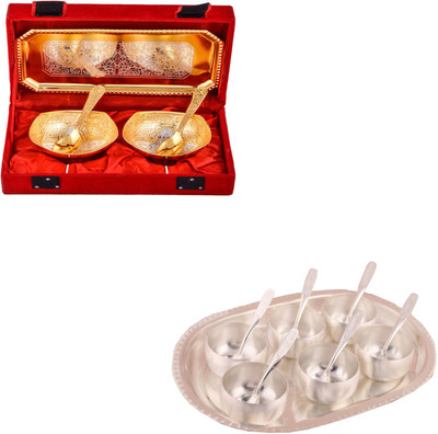 

G S Museum Silver & Gold Plated 2 Mini Square Bowl with Spoon and Tray and 3" Met Finish 6 Bowl Set with Oval Tray Bowl Spoon Tray Serving Set