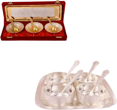 

G S Museum Silver & Gold Plated 3 Heavy Flower Bowl with Spoon and Tray and Premium 4 Bowl Set with Rectangle Tray Bowl Spoon Tray Serving Set(Pack of 16)