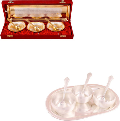 

G S Museum Silver & Gold Plated 3 Heavy Square Bowl with Spoon and Tray and 3.5" Met Finish 3 Bowl Set with Oval Tray Bowl Spoon Tray Serving Set(Pack of 14)
