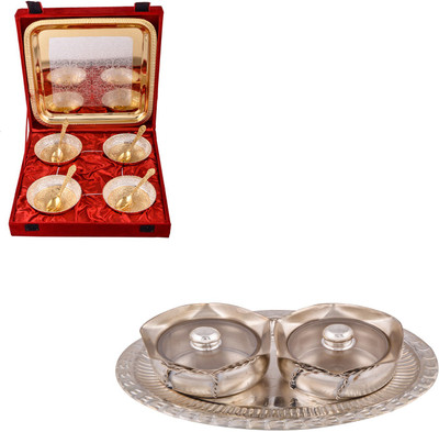 

G S Museum Silver & Gold Plated 4 Heavy Flower Bowl with Spoon and Tray and 2 Small Tai Loti Set Bowl Spoon Tray Serving Set(Pack of 12)