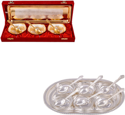 

G S Museum Silver & Gold Plated 3 Heavy Square Bowl with Spoon and Tray and 6 Square Bowl with Spoon and Tray Bowl Spoon Tray Serving Set(Pack of 20)