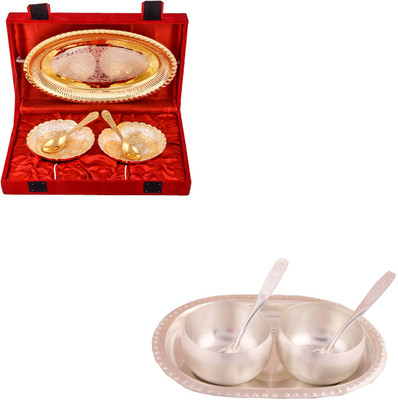 

G S Museum Silver & Gold Plated 2 Heavy Dil Bowl with Spoon and Tray and 3" Met Finish 2 Bowl Set with Oval Tray Bowl Spoon Tray Serving Set
