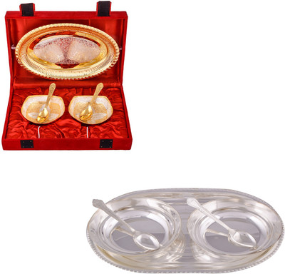 

G S Museum Silver & Gold Plated 2 Heavy Square Bowl with Spoon and Tray and 2 6" Bowl with Spoon and Tray Bowl Spoon Tray Serving Set