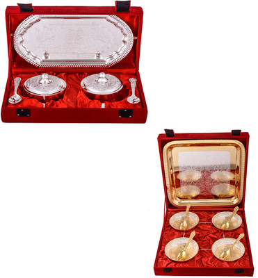 

G S Museum Supari Set with Spoon and Silver & Gold Plated 4 Heavy Flower Bowl with Spoon and Tray Bowl Spoon Tray Serving Set