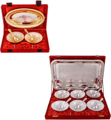 

G S Museum Silver & Gold Plated 2 Heavy Flower Bowl with Spoon and Tray and 6 Mor Bowl with Spoon and Tray Bowl Spoon Tray Serving Set