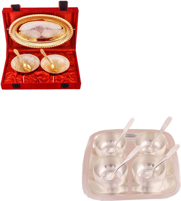 

G S Museum Silver & Gold Plated 2 Heavy Flower Bowl with Spoon and Tray and 3" Met Finish 4 Bowl Set with Rectangle Tray Bowl Spoon Tray Serving Set
