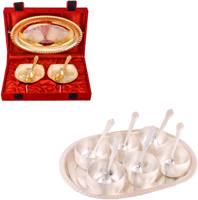

G S Museum Silver & Gold Plated 2 Heavy Square Bowl with Spoon and Tray and 3.5" Met 6 Finish Bowl Set with Oval Tray Bowl Spoon Tray Serving Set