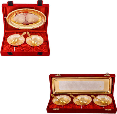 

G S Museum Silver & Gold Plated 2 Heavy Dil Bowl with Spoon and Tray and Silver & Gold Plated 3 Heavy Dil Bowl with Spoon and Tray Bowl Spoon Tray Serving Set
