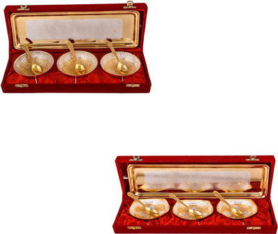 

G S Museum Silver & Gold Plated 3 Heavy Flower Bowl with Spoon and Tray and Silver & Gold Plated 3 Heavy Square Bowl with Spoon and Tray Bowl Spoon Tray Serving Set