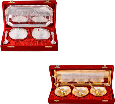 

G S Museum 2 Appel Bowl With Spoon and Tray and Silver & Gold Plated 3 Heavy Square Bowl with Spoon and Tray Bowl Spoon Tray Serving Set