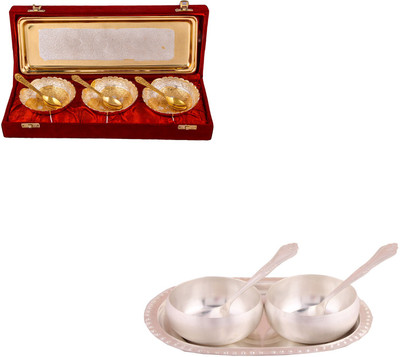 

G S Museum Silver & Gold Plated 3 Heavy Dil Bowl with Spoon and Tray and 3.5" Met Finish 2 Bowl Set with Oval Tray Bowl Spoon Tray Serving Set(Pack of 12)