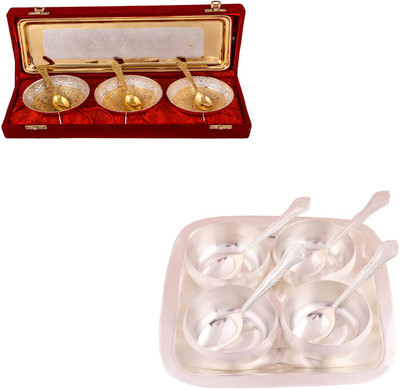 

G S Museum Silver & Gold Plated 3 Heavy Flower Bowl with Spoon and Tray and 3.5" Met Finish 4 Bowl Set with Rectangle Tray Bowl Spoon Tray Serving Set(Pack of 16)