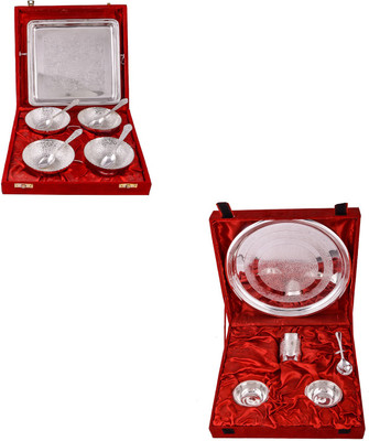 

G S Museum 4 Flower Bowl with Spoon and Tray and Small Thali Set Bowl Spoon Tray Serving Set(Pack of 14)